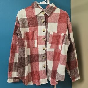 Size Large Women's Shacket Thick Flannel Long Sleeve Button Down Shirt Pink